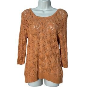 J.Jill Crochet Knit 3/4 Sleeve Pullover Lightweight Sweater Orange Size M